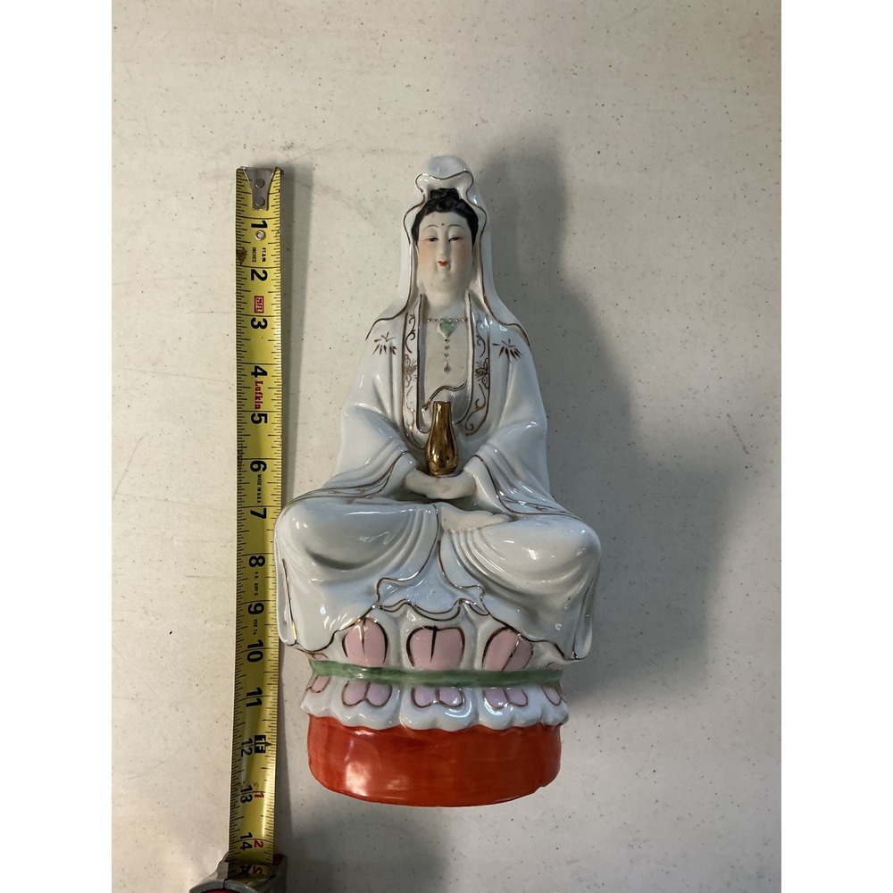 Vintage Porcelain Guan Yin Statue Seated Lotus Base Gold Gilt 12 Inch Figurine